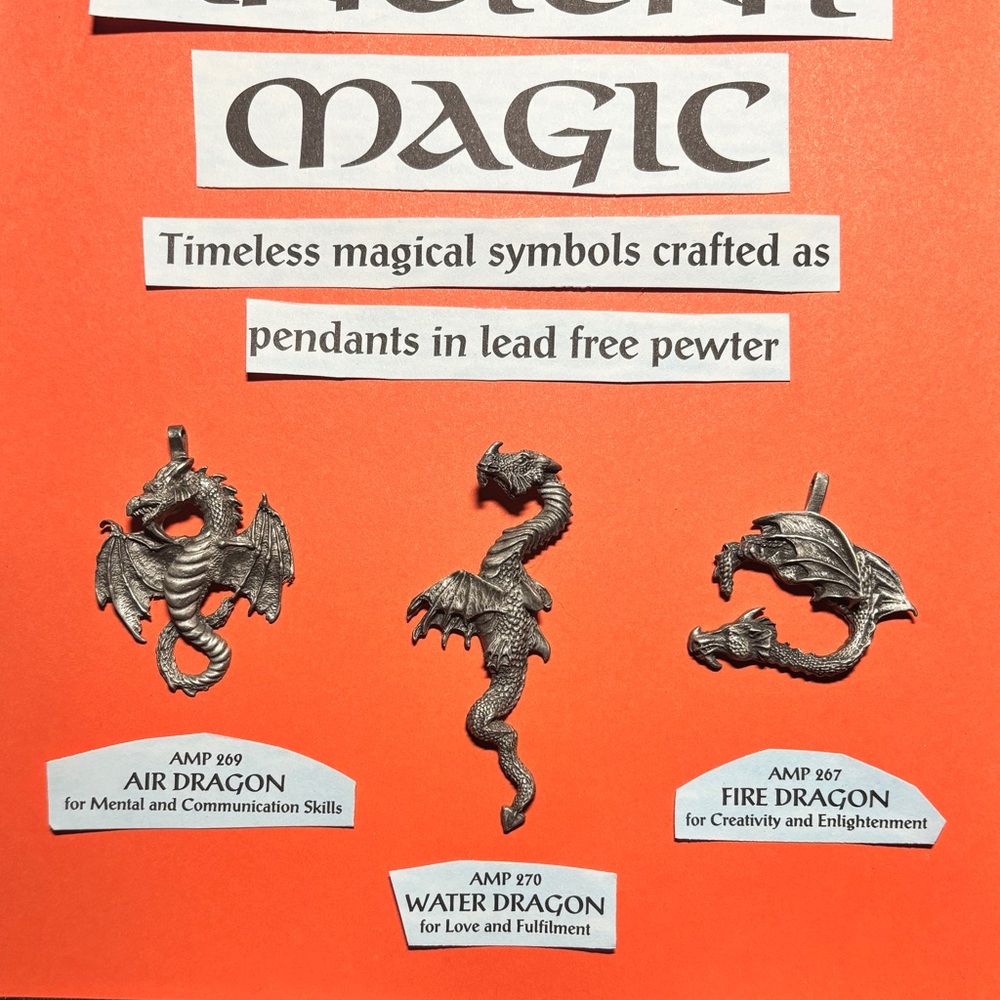 3 Pewter Dragon Pendants Air, Water, Fire